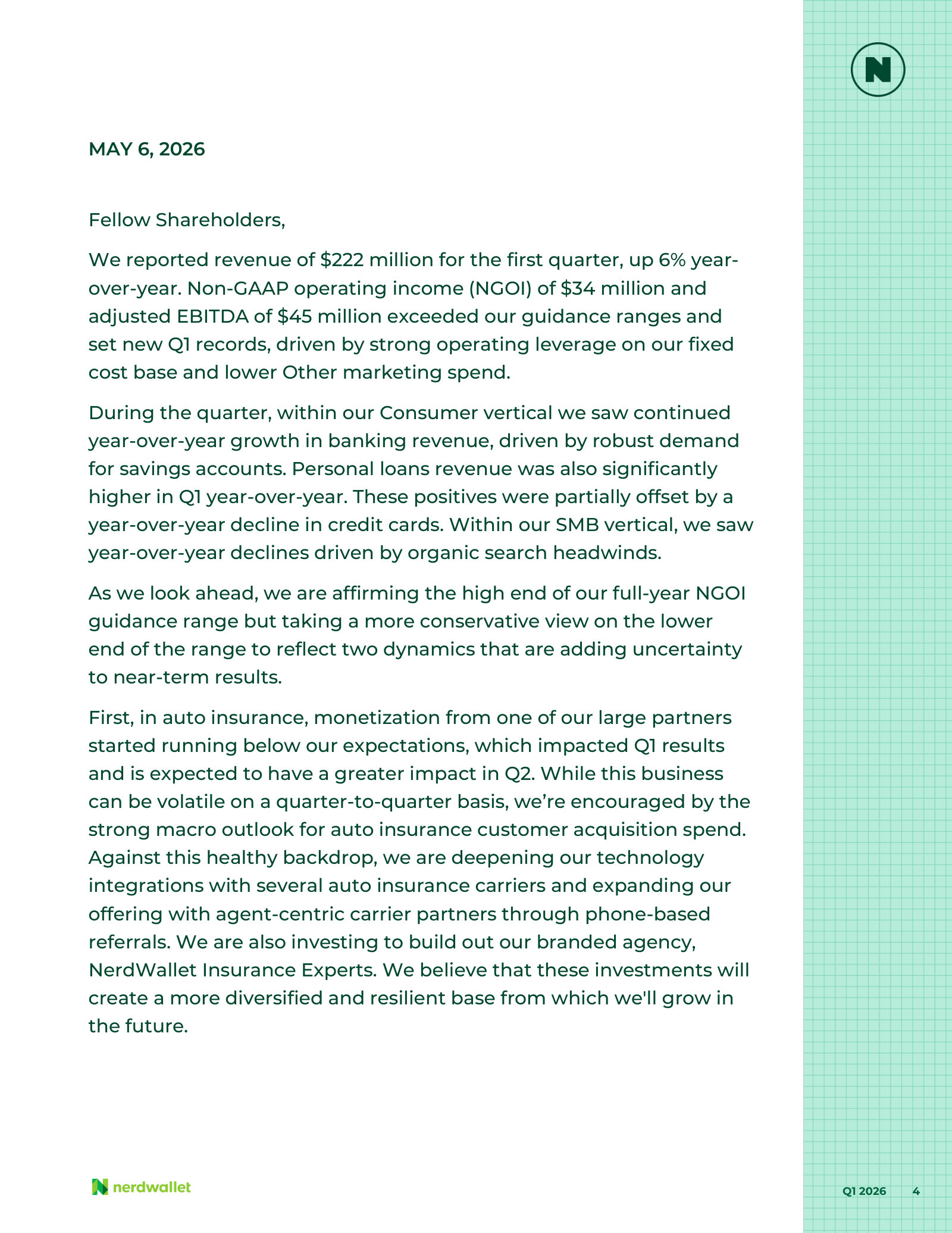 CEO letter: banking and personal loans up, credit cards down, and the auto-insurance partner whose monetization came in short.