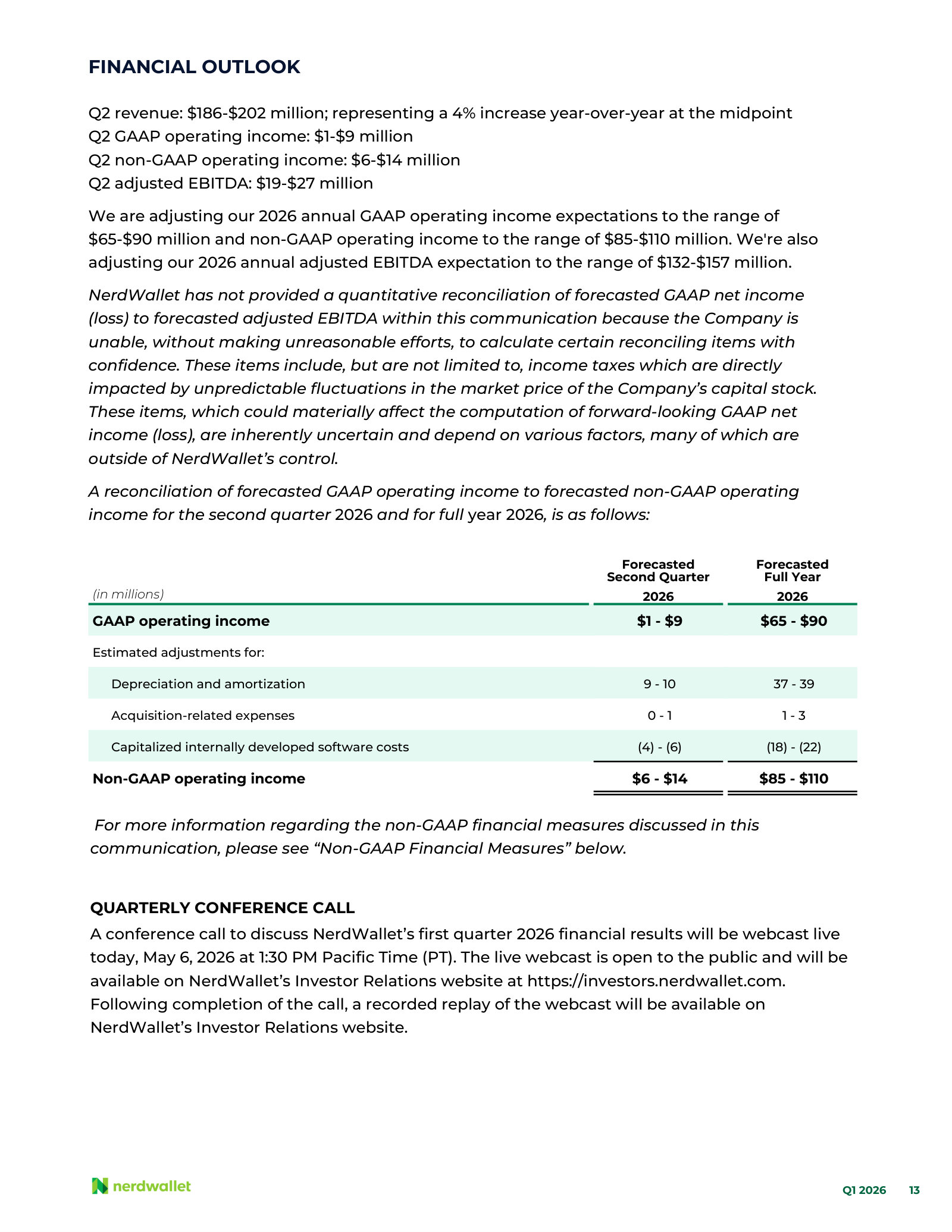 Q2 and full-year 2026 guidance, with the GAAP-to-non-GAAP operating income bridge.